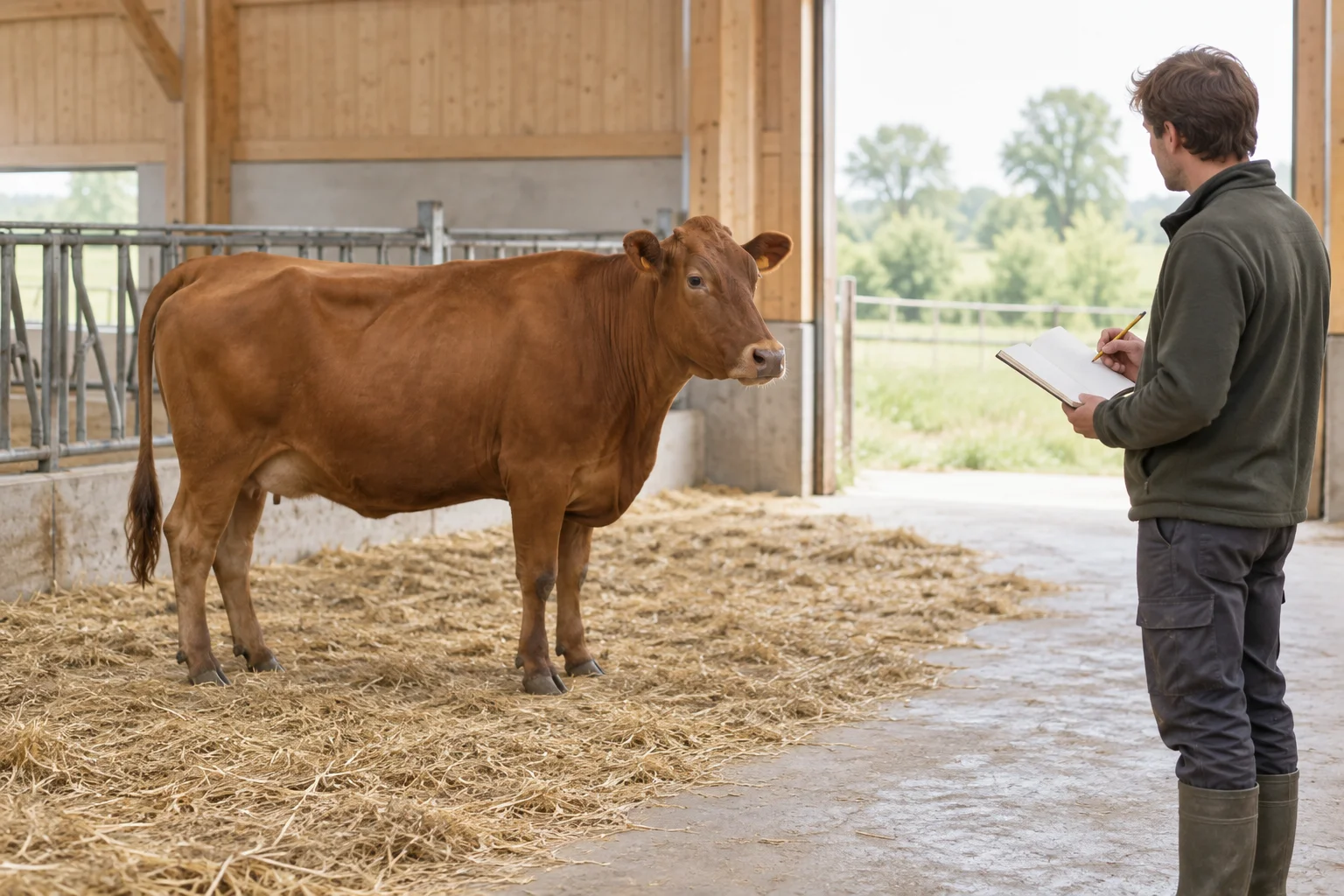 Una mucca marrone è in piedi sulla paglia in una stalla, mentre un allevatore la osserva a distanza con un taccuino aperto.