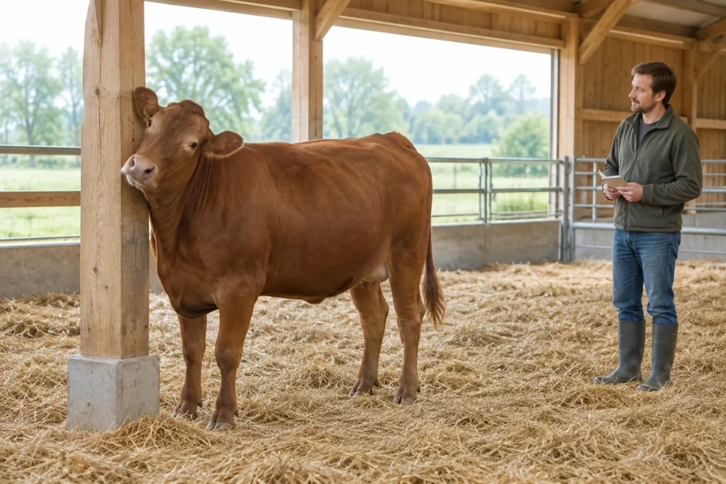 Una mucca marrone sfrega la testa contro un palo di legno in una stalla, mentre un allevatore osserva con un taccuino in mano.