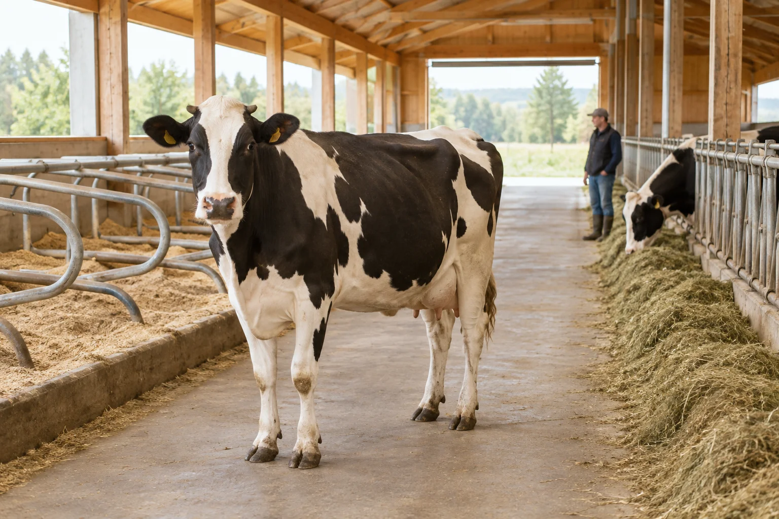 Vacca pezzata nera in una corsia della stalla, con posti di riposo a sinistra, mangime e vacche che mangiano a destra e un addetto sullo sfondo.