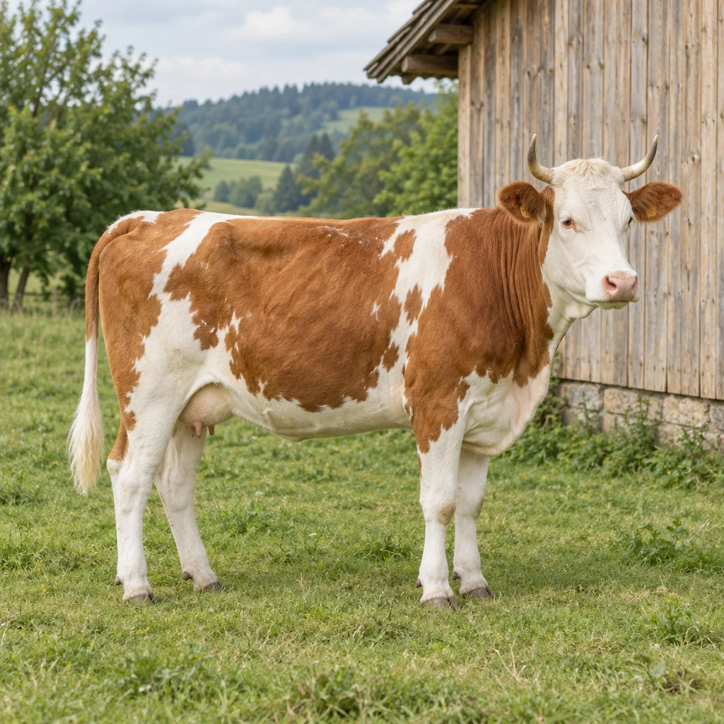 Un bovino bianco e rosso con la testa bianca e le corna ricurve sta sull'erba accanto a un capanno di legno.