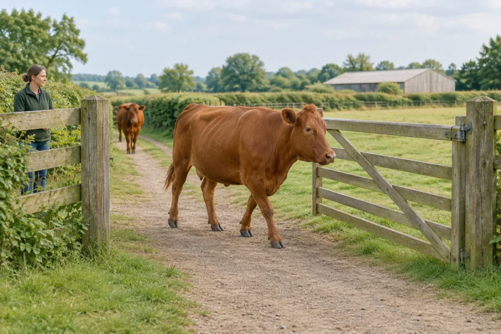 Un bovino marrone cammina su una strada di campagna accanto a un cancello di legno aperto; un secondo bovino lo segue e una persona si trova dietro la recinzione.