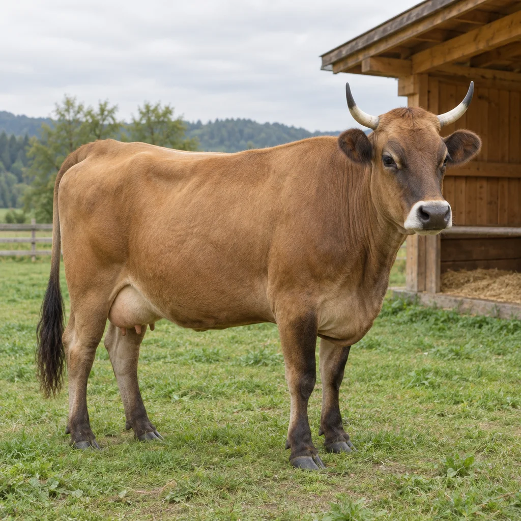 Vacca bruna con zampe scure, un ciuffo scuro sulla coda e corna chiare con punte scure, in piedi sull’erba accanto a un riparo in legno.