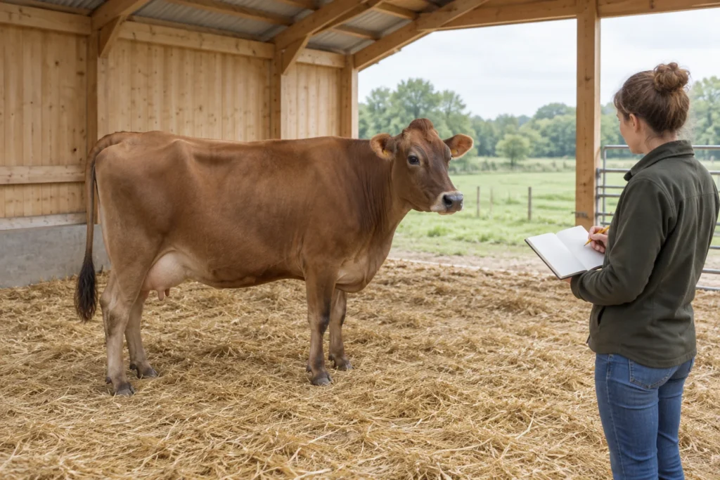 Una mucca marrone sta sulla paglia in una stalla aperta, mentre un allevatore la osserva con un taccuino vuoto in mano.