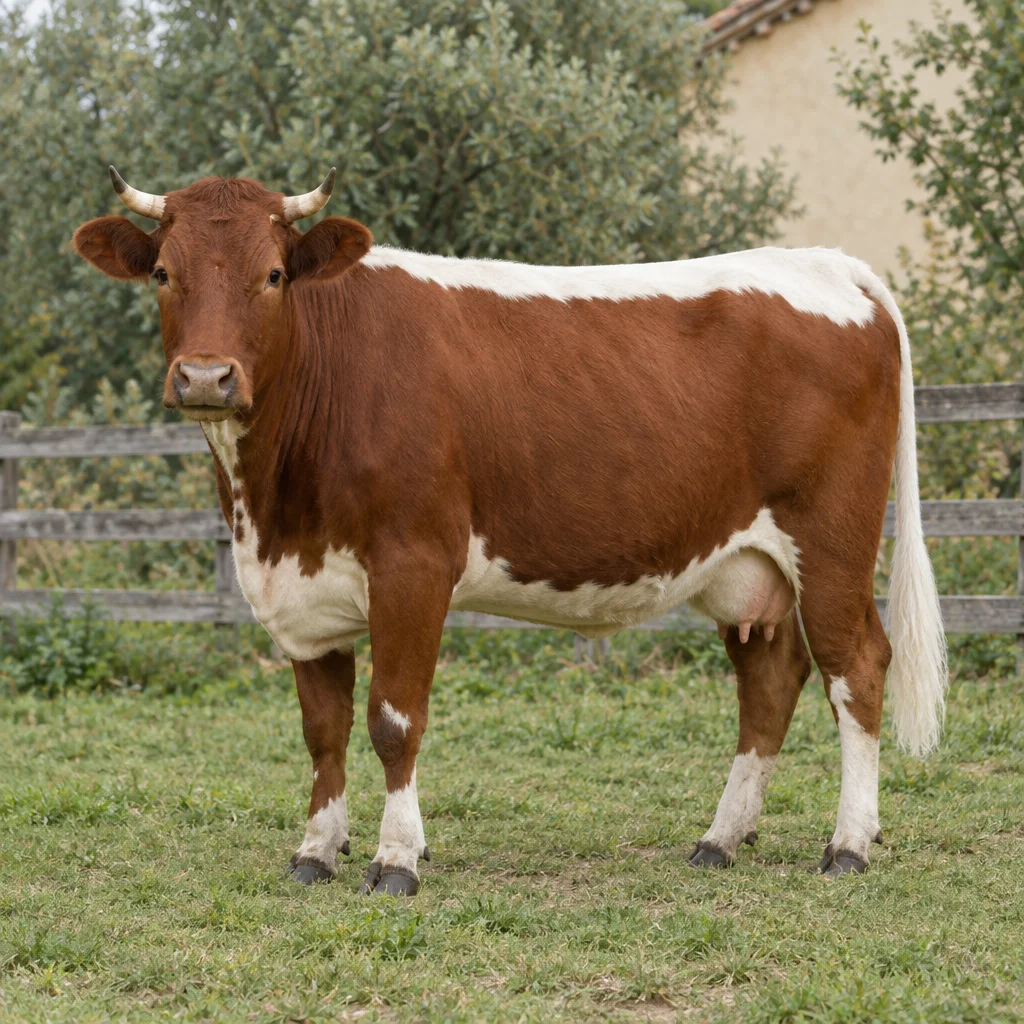 Bovino castano con una striscia bianca sul dorso, ventre e coda bianchi, in piedi sull'erba accanto a una staccionata di legno.