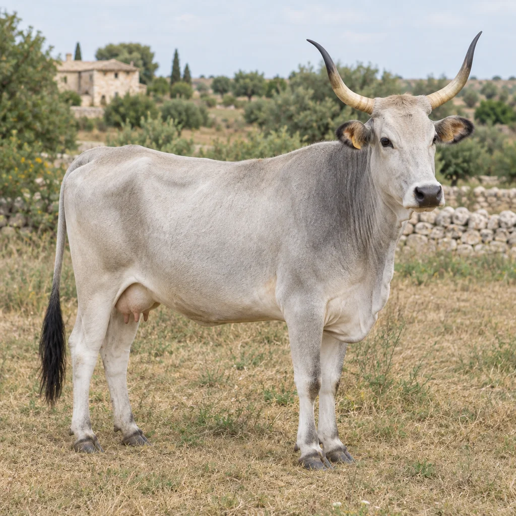 Una vacca grigio chiaro con lunghe corna incurvate verso l'alto si trova sull'erba secca davanti a un muretto in pietra.