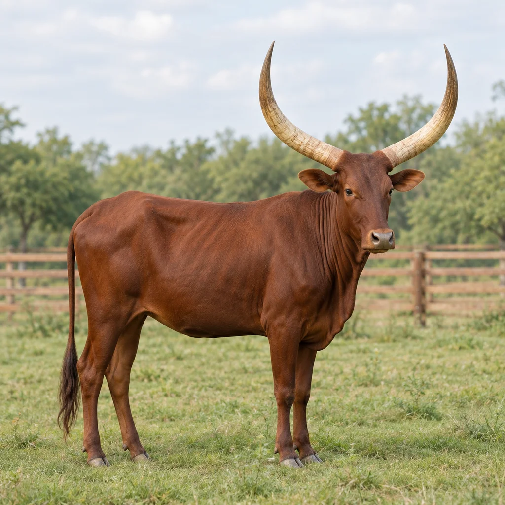 Illustrazione di un bovino Watusi bruno rossastro con grandi corna ricurve verso l'alto in un prato.