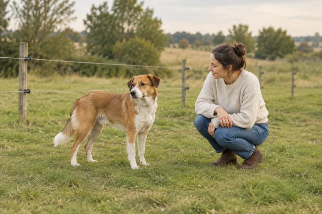 Un cane marrone è sull'erba accanto a una donna accovacciata. Sullo sfondo ci sono pali di legno con fili.
