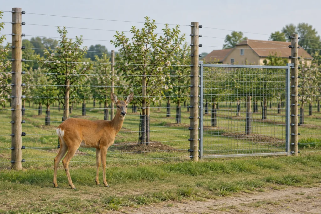 Un capriolo davanti a una recinzione con più fili e un cancello in rete presso un frutteto.
