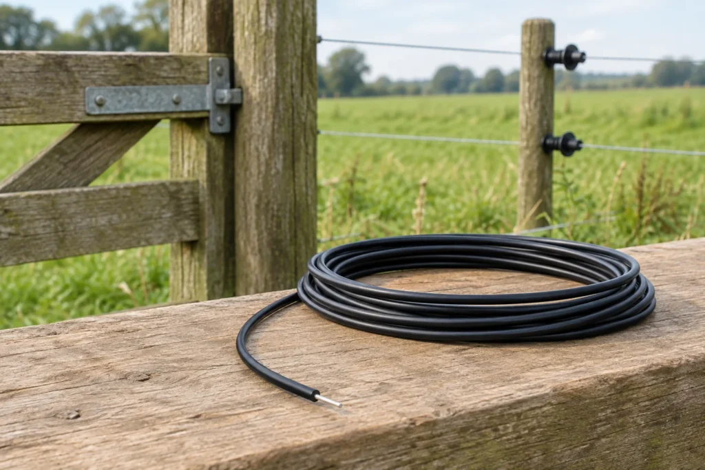 Cavo nero isolato per recinzioni elettriche, arrotolato, con un conduttore metallico visibile su una staccionata di legno accanto a un pascolo.
