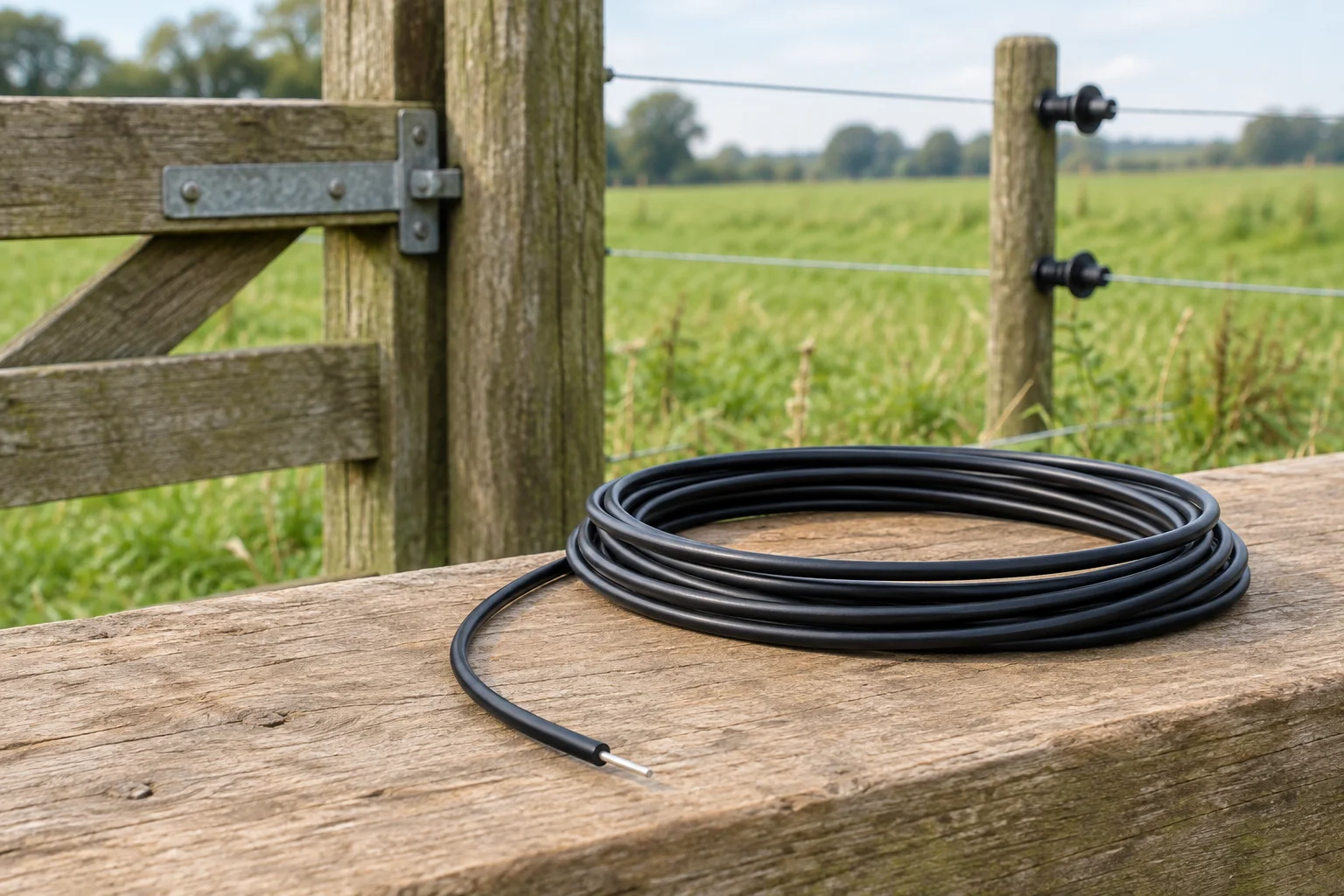 Cavo nero isolato per recinzioni elettriche, arrotolato, con un conduttore metallico visibile su una staccionata di legno accanto a un pascolo.