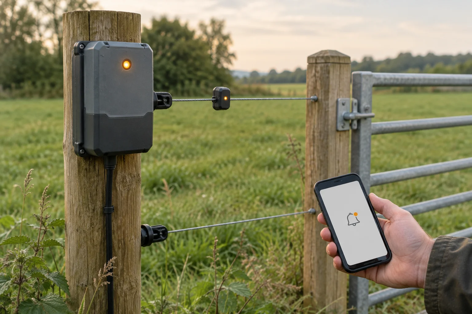 Spia di controllo su un recinto elettrico, con un dispositivo su un palo di legno e un telefono con un'icona di notifica.