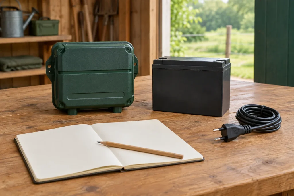 Un apparecchio verde, una batteria separata, un cavo arrotolato con spina e un quaderno aperto con le pagine vuote sono appoggiati su un banco da lavoro in legno.