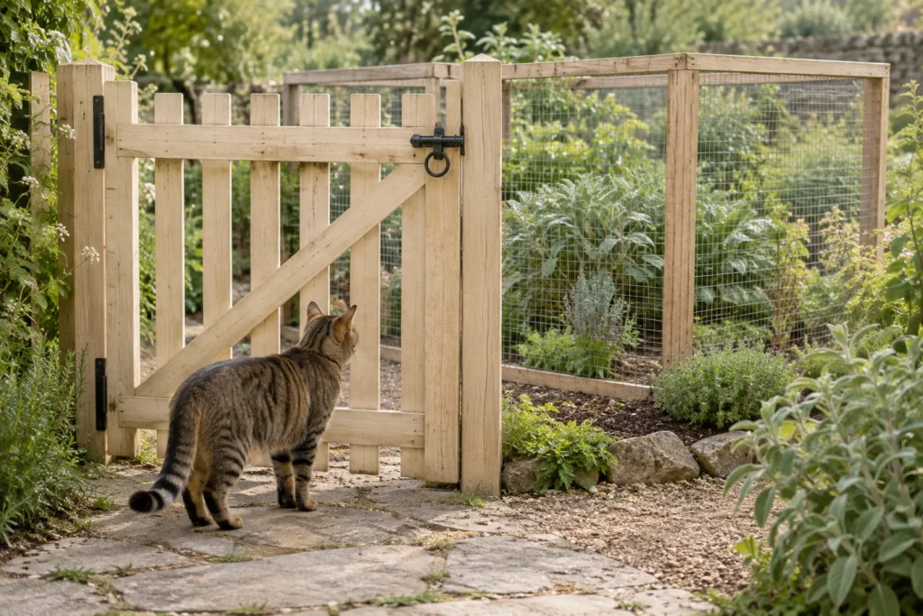 Gatto tigrato accanto a un cancello da giardino in legno e a una recinzione in rete, in un giardino verde.