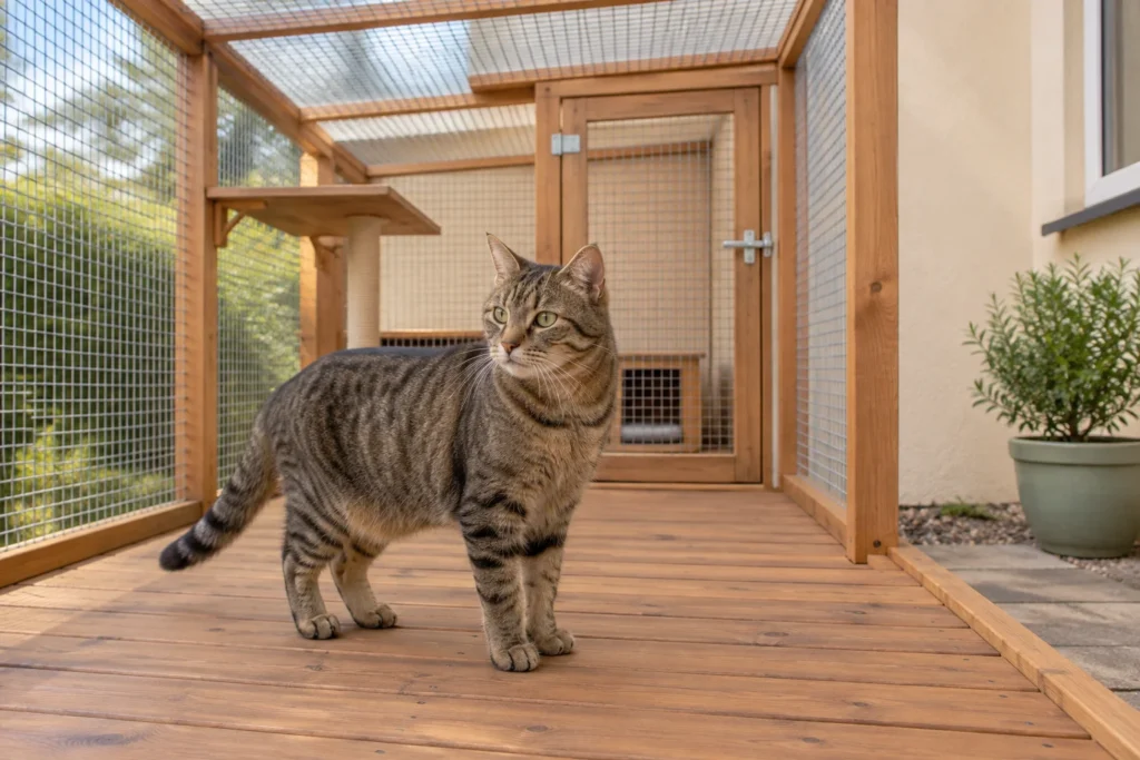 Un gatto tigrato marrone è su una terrazza in legno all'interno di un recinto con pareti e tetto in rete e una porta.