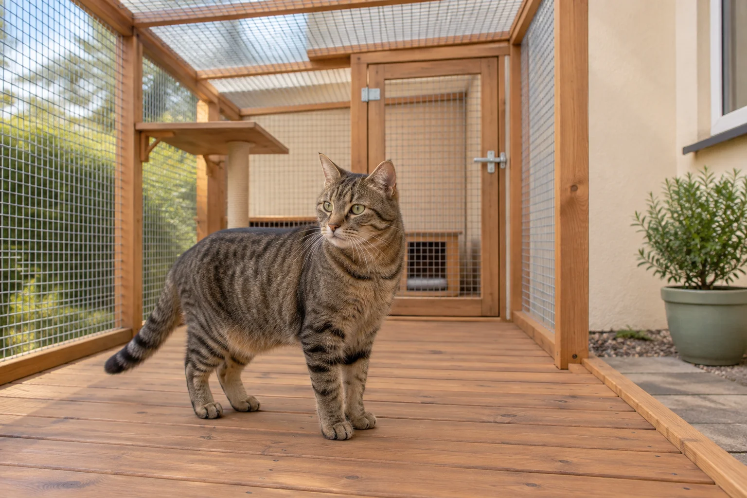 Un gatto tigrato marrone è su una terrazza in legno all'interno di un recinto con pareti e tetto in rete e una porta.