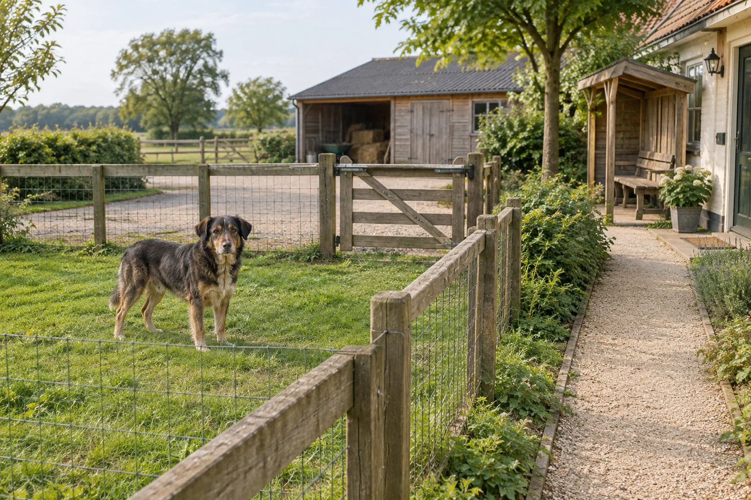 Un cane si trova sull'erba all'interno di una recinzione di pali di legno e rete, accanto a un vialetto separato in ghiaia in un cortile agricolo.