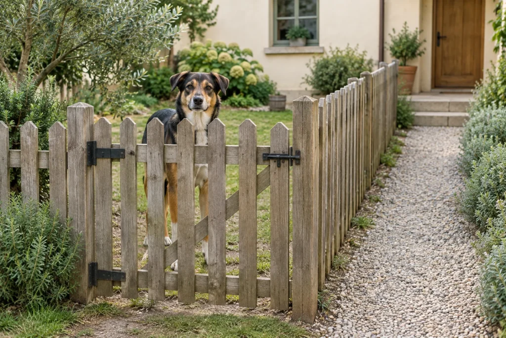 Cane dietro un cancello di legno chiuso, accanto a un vialetto di ghiaia che porta alla porta d'ingresso.