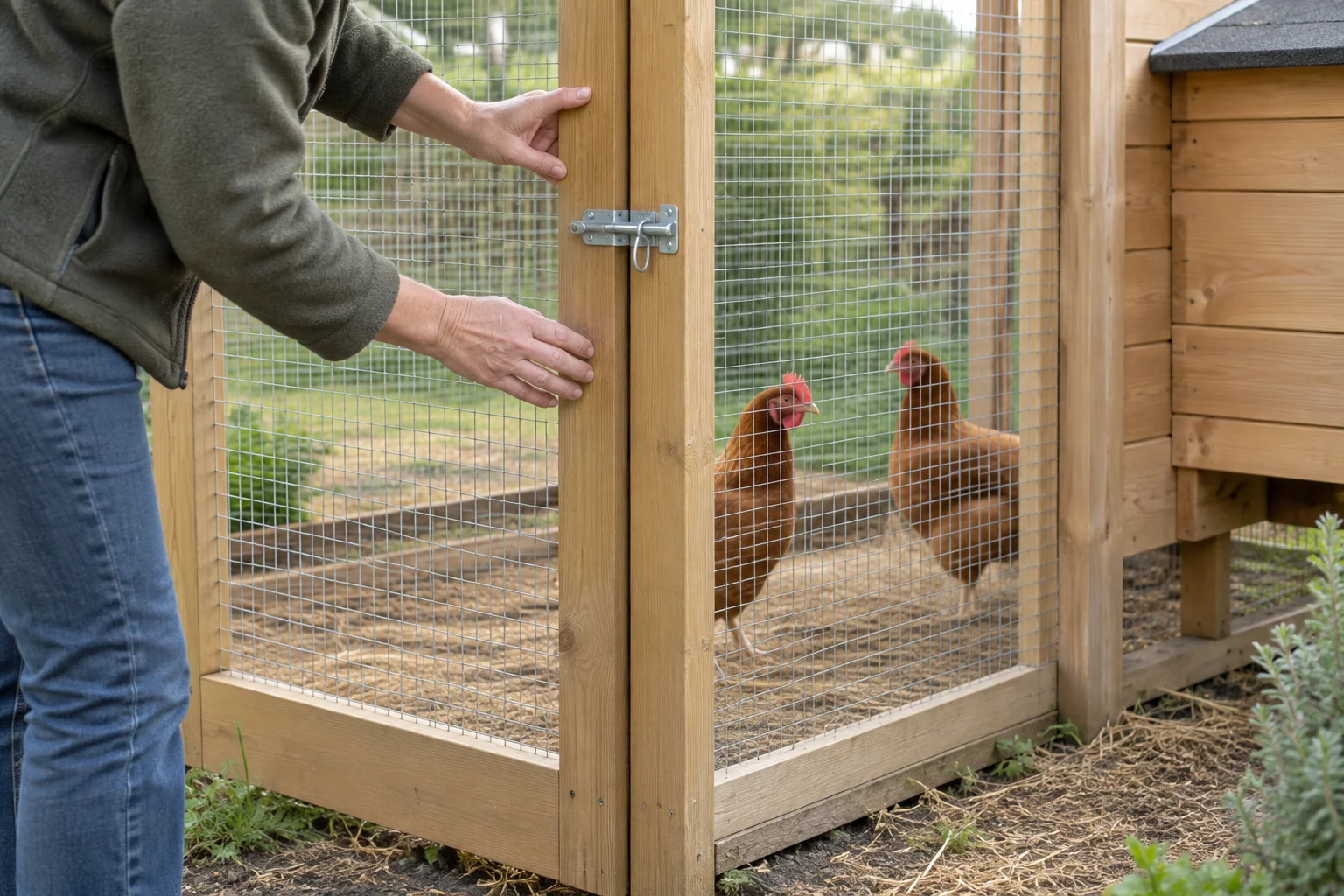 Una persona controlla la porta chiusa di un recinto per galline in legno. Due galline marroni sono dietro la rete, accanto a un pollaio notturno.