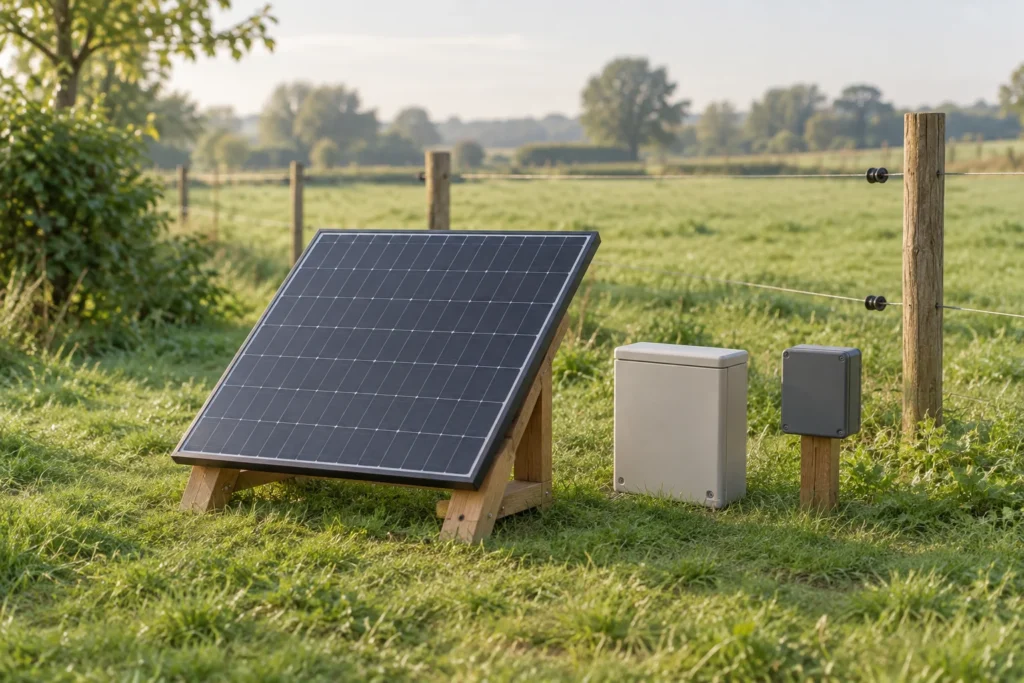 Pannello solare su un supporto di legno accanto a due involucri chiusi nell’erba, con un recinto sullo sfondo.