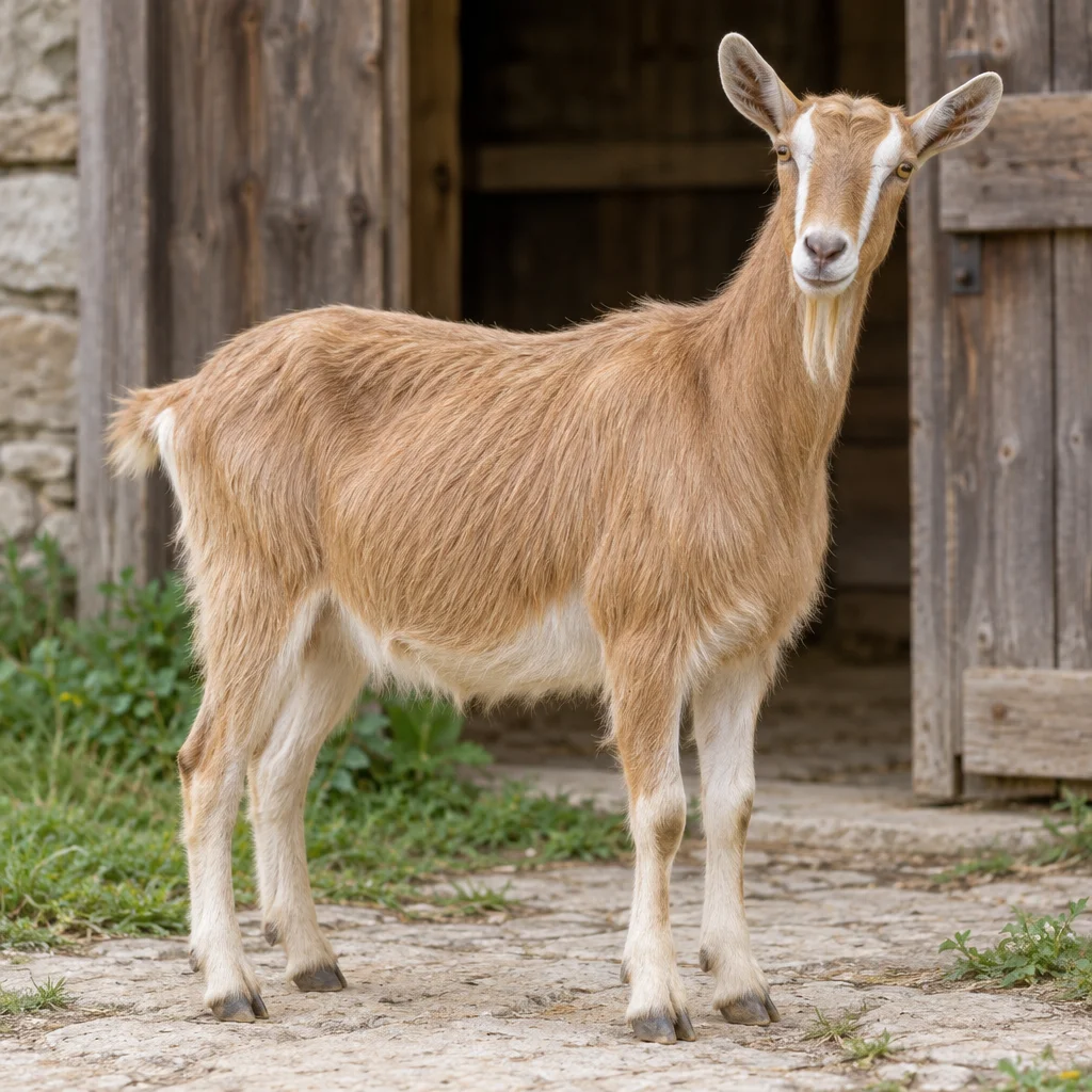 Una capra dal mantello marrone chiaro, con strisce bianche sulla testa e la parte inferiore del corpo bianca, è davanti alla porta di legno di una stalla.