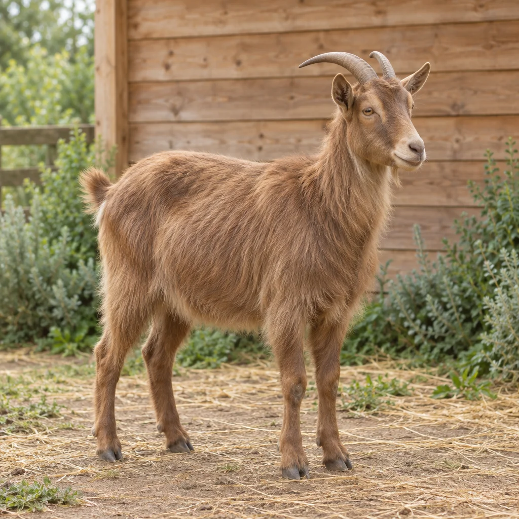 Capra adulta marrone con le corna, visibile per intero davanti a una stalla in legno, con vegetazione e paglia sullo sfondo.