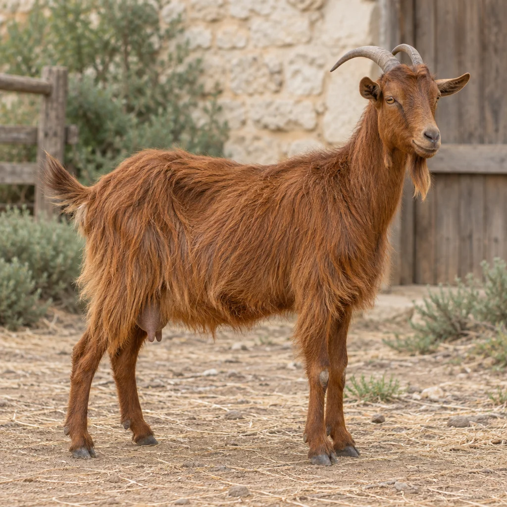 Capra dal pelo lungo rossiccio, con corna ricurve e barba, ripresa per intero in un cortile.