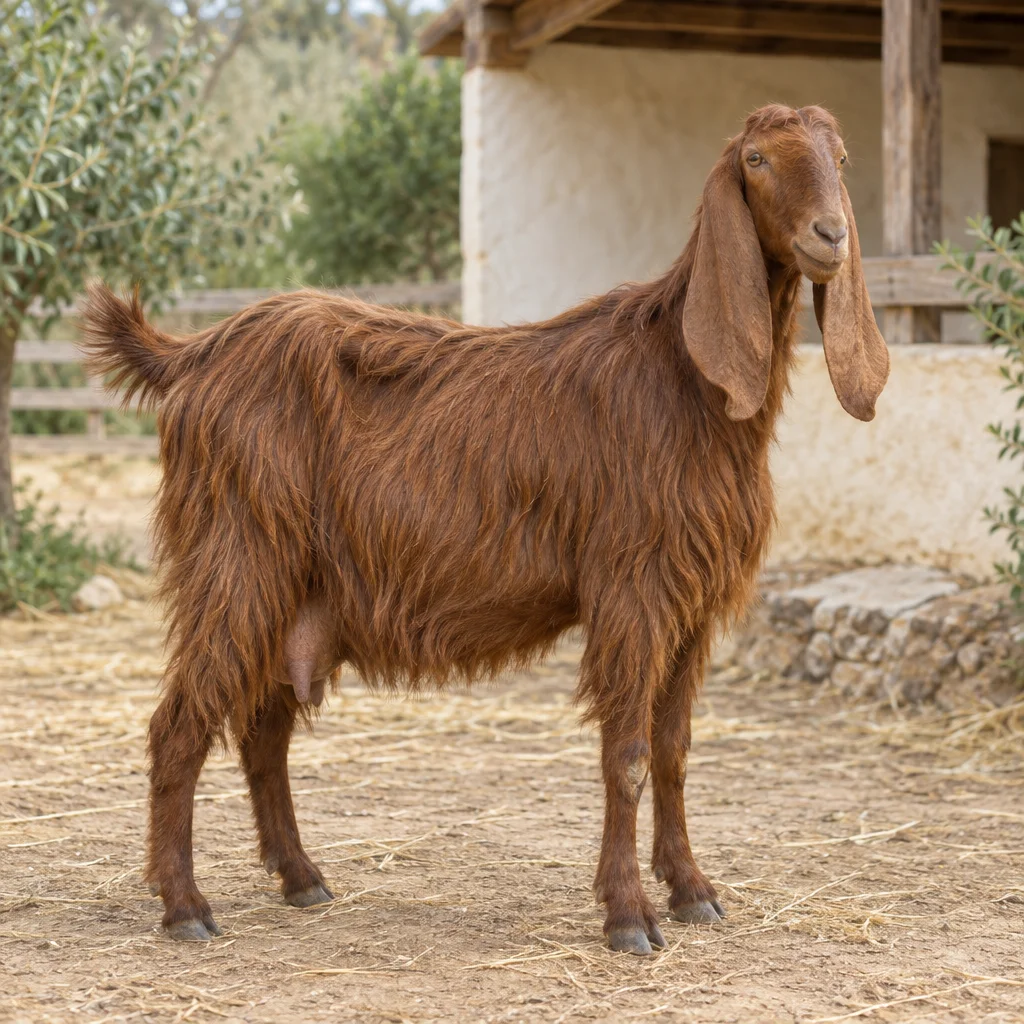 Una capra bruno rossiccia a pelo lungo, con lunghe orecchie pendenti, si trova in un cortile accanto a una stalla chiara, con tutti e quattro gli zoccoli visibili.