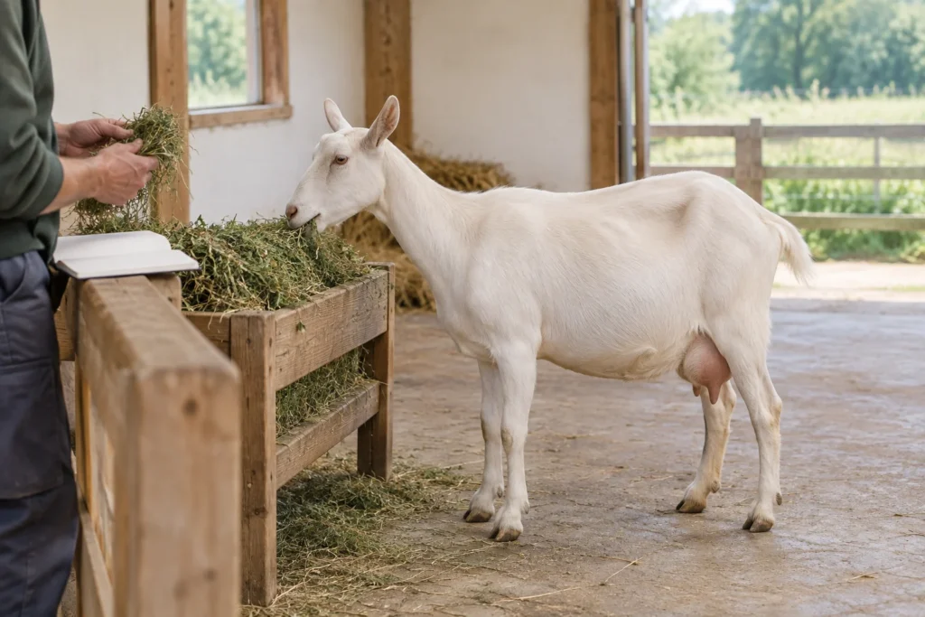 Una capra da latte bianca è accanto a una mangiatoia di legno con del fieno, mentre una persona esamina una manciata di fieno vicino a un quaderno aperto.