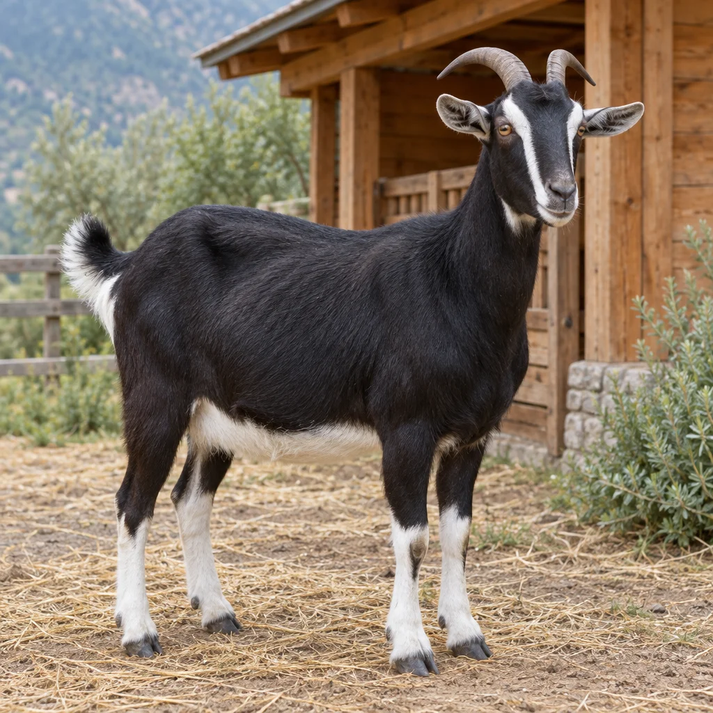 Capra nera con strisce bianche sulla testa, parte inferiore delle zampe bianca e corna ricurve davanti a una stalla in legno.
