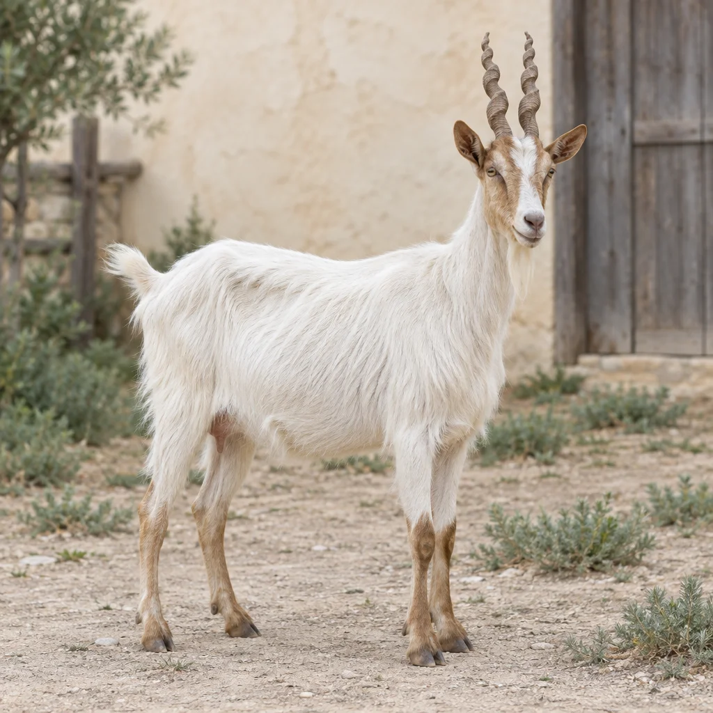 Capra bianca con testa marrone chiaro e due corna a spirale verticali in un cortile.