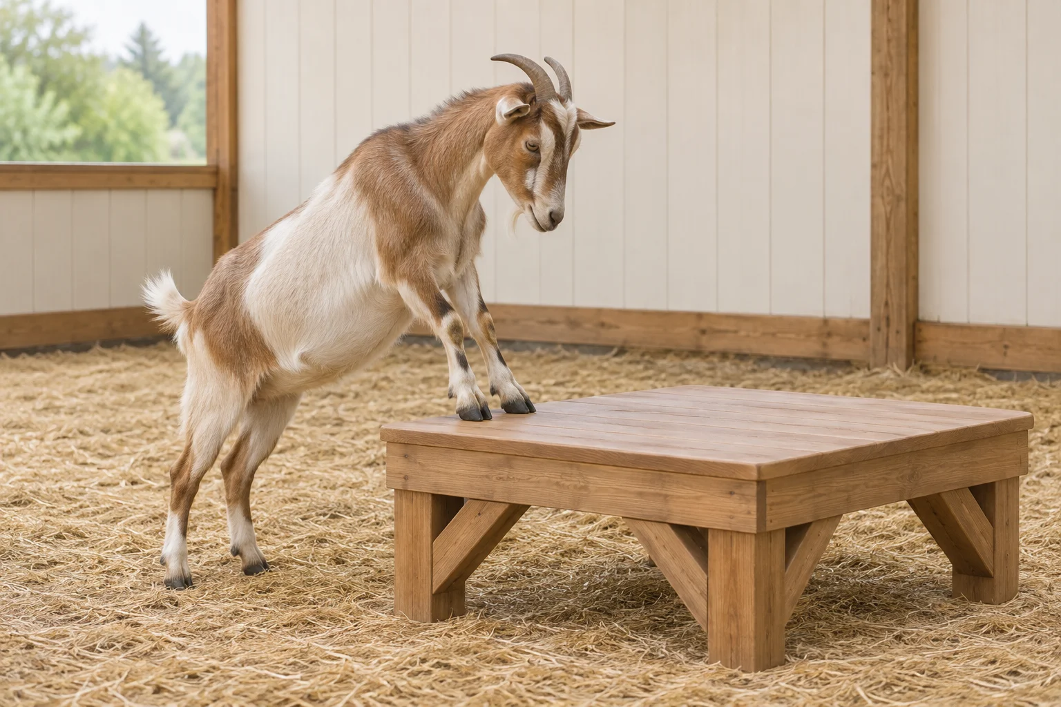 Capra marrone e bianca con gli zoccoli anteriori su una piattaforma bassa di legno in un recinto con paglia.
