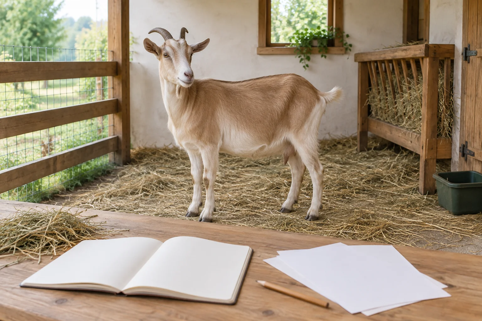 Una capra marrone chiaro si trova in una stalla dietro un tavolo di legno con un quaderno vuoto, fogli di carta sparsi e una matita.