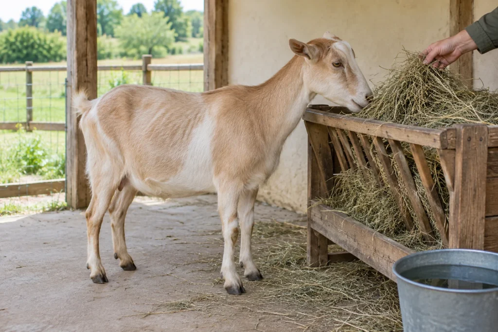 Una capra marrone chiaro è accanto a una rastrelliera di legno con del fieno. Una mano tiene del fieno e accanto alla rastrelliera c'è un secchio d'acqua.