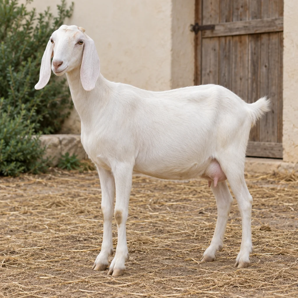 Una capra bianca con lunghe orecchie pendenti si trova in un cortile davanti a una porta di legno, con tutti e quattro gli zoccoli visibili.