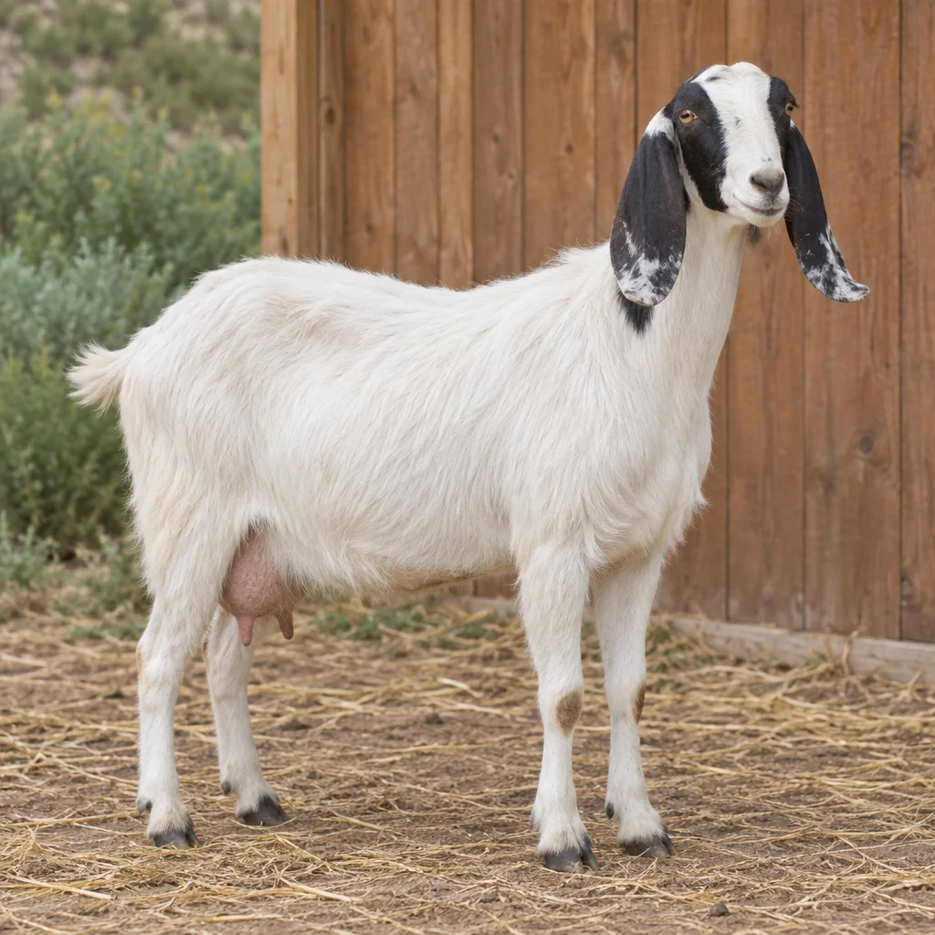 Capra bianca con macchie nere sulla testa e lunghe orecchie pendenti, in piedi sulla paglia davanti a una parete di legno.