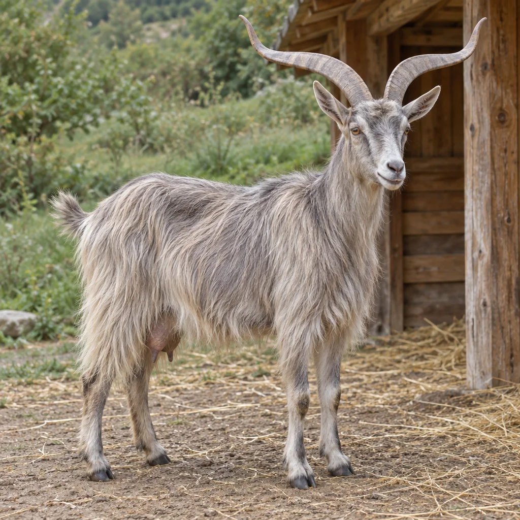 Capra grigia a pelo lungo con grandi corna ricurve lateralmente, in una proprietà accanto a un capanno di legno.