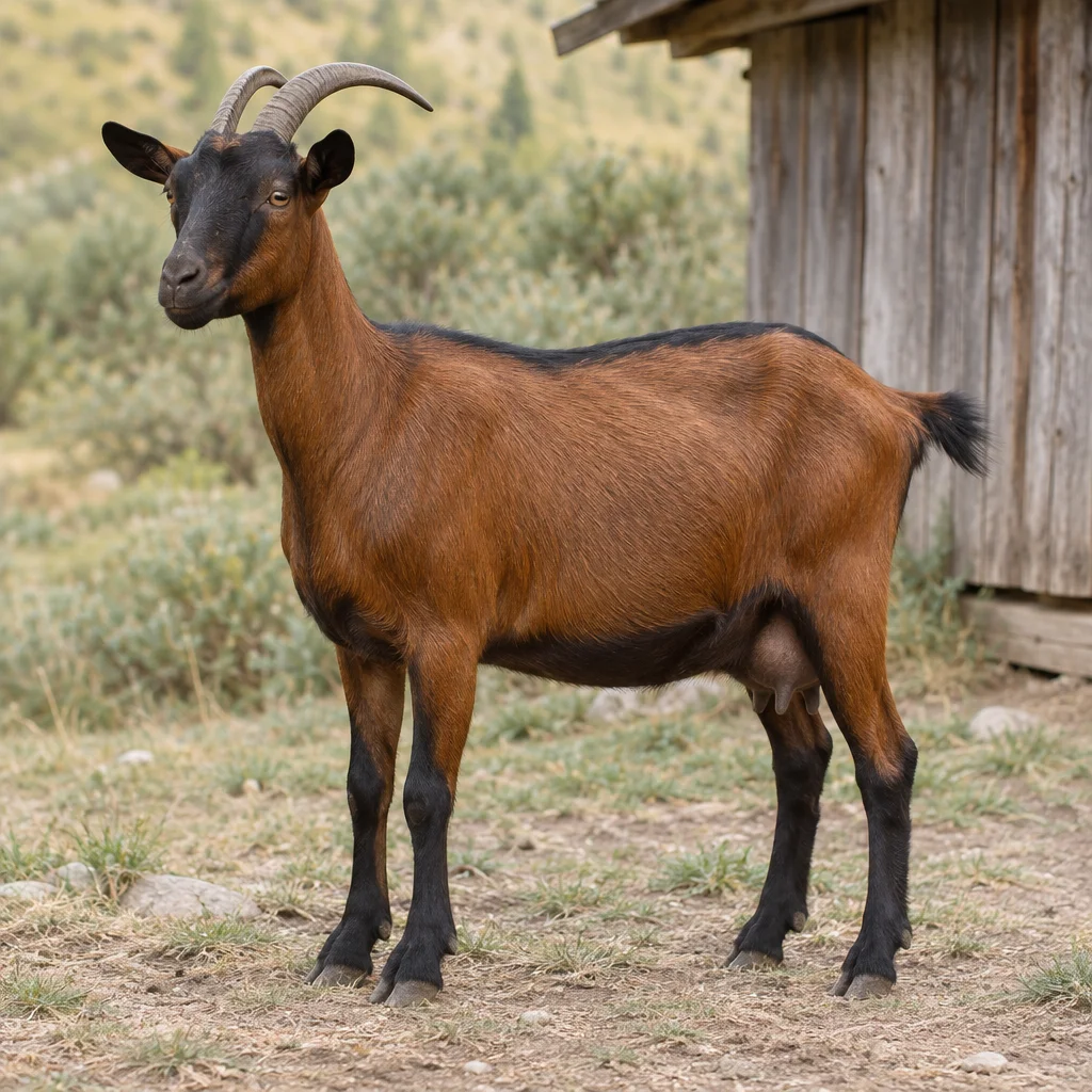 Capra marrone con disegni neri sul muso, una striscia scura sul dorso, zampe scure e due corna, visibile per intero accanto a un capanno in legno.