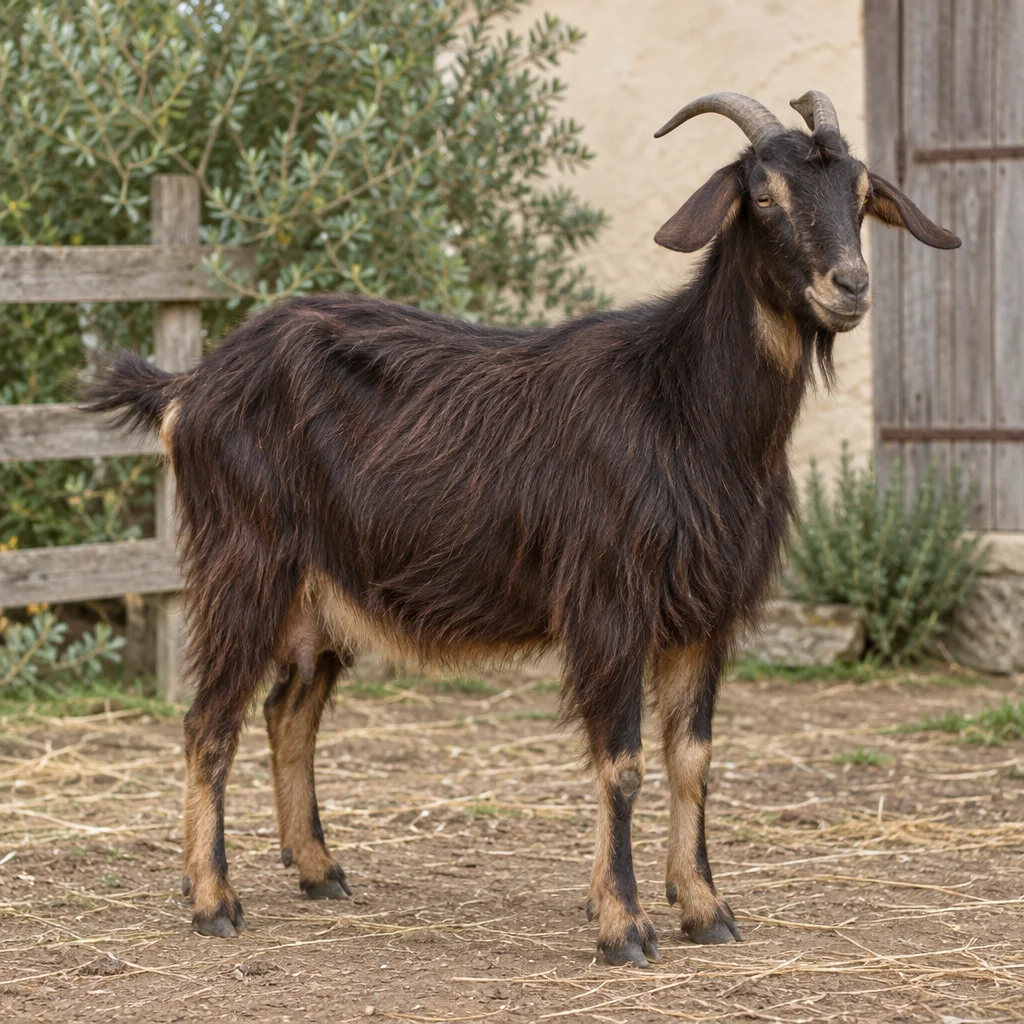 Capra a pelo lungo marrone scuro con orecchie pendenti, barba e due corna, visibile per intero in un cortile con una staccionata di legno.