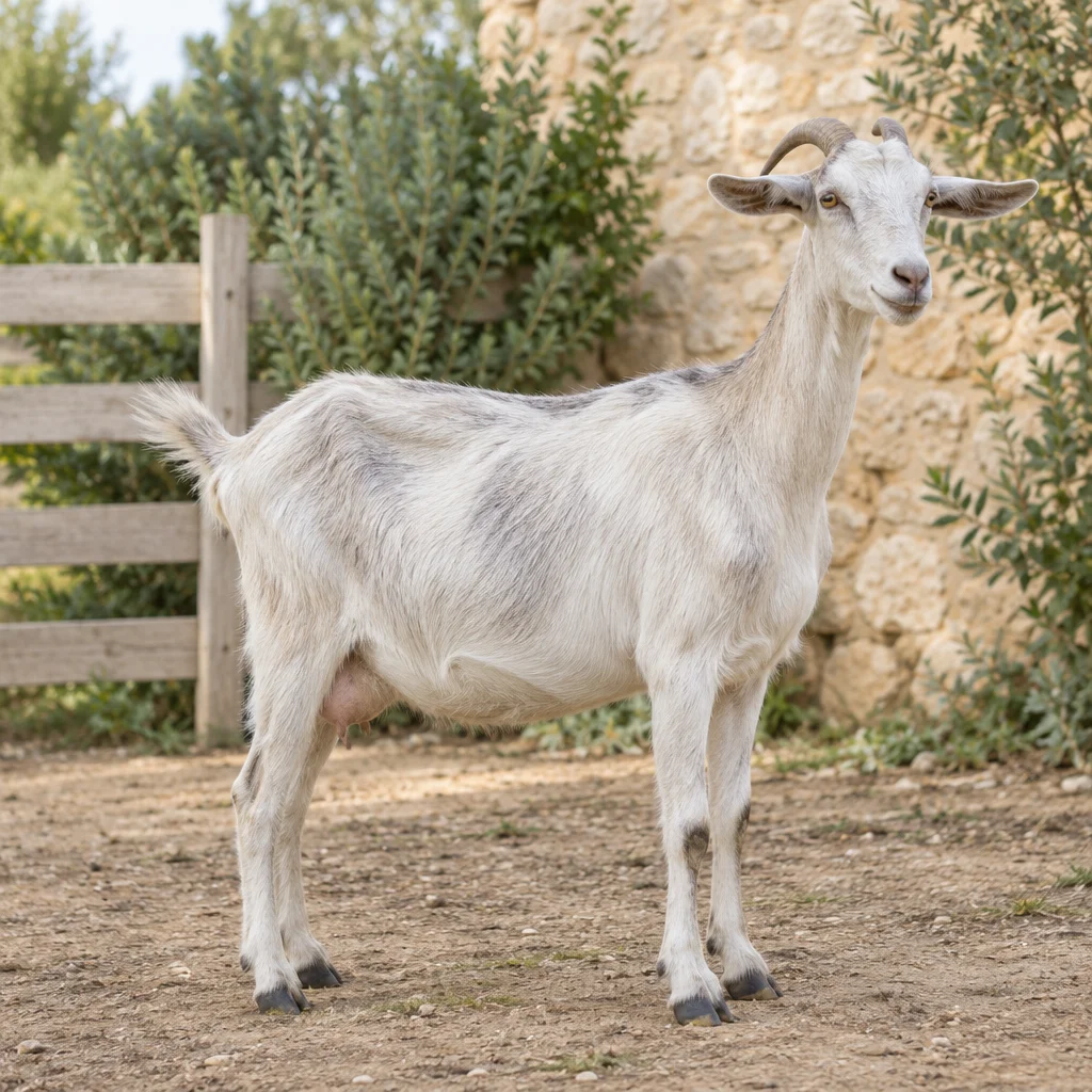 Capra chiara con sfumature grigie nel mantello e corna ricurve, visibile per intero in un cortile davanti a una staccionata di legno e a un muro di pietra.