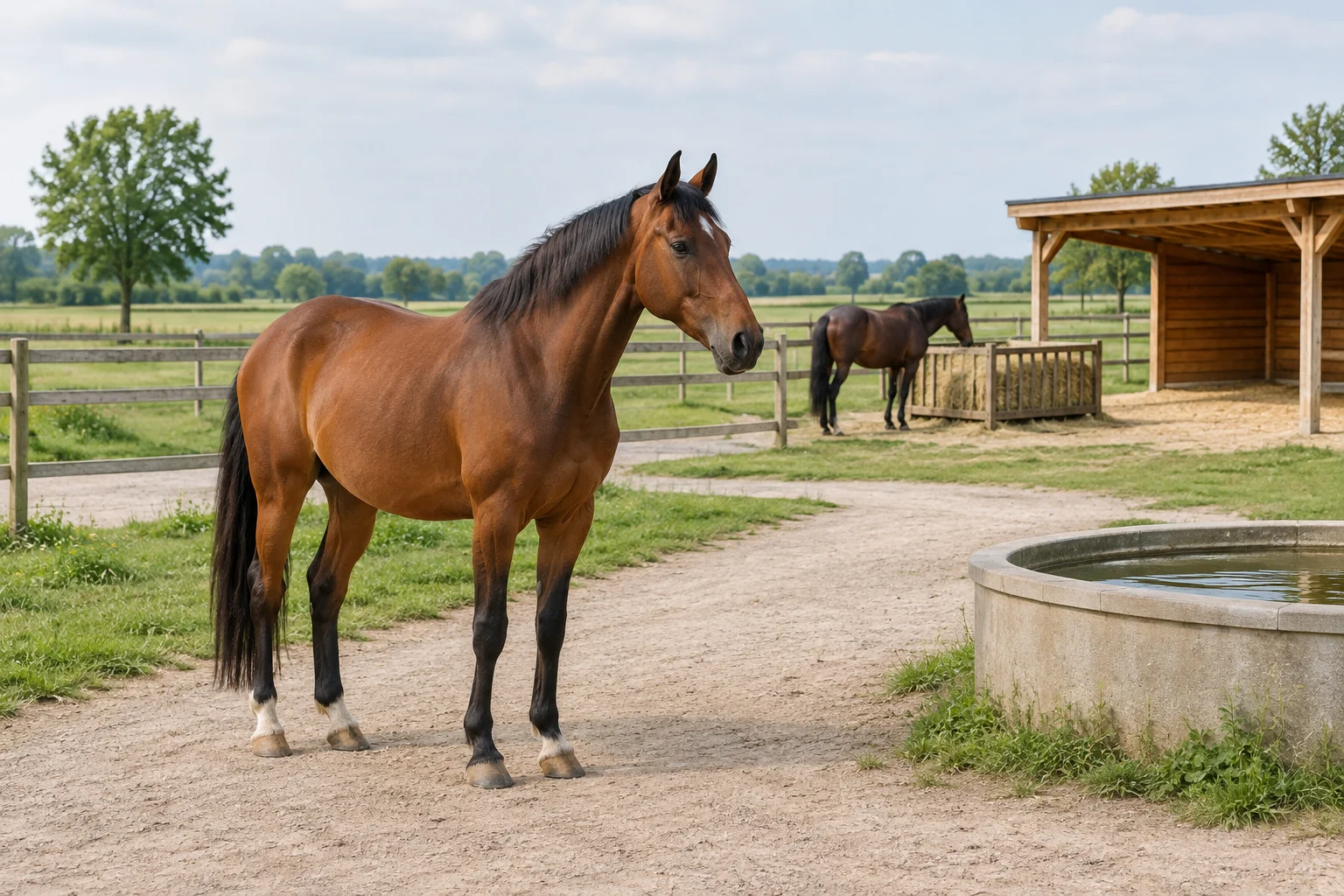 Cavallo marrone su un sentiero accanto a un abbeveratoio, con un secondo cavallo vicino al fieno e un riparo aperto in legno sullo sfondo.