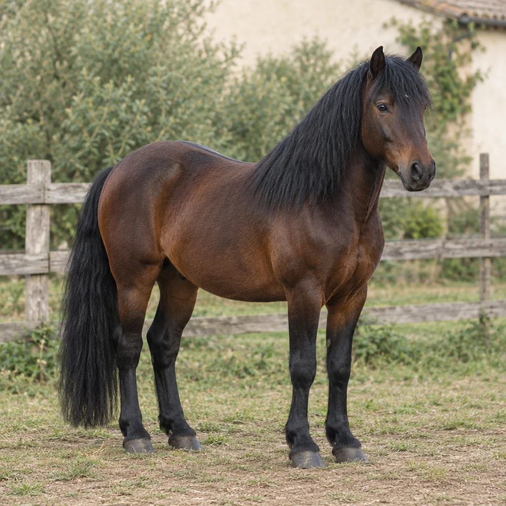 Cavallo baio scuro con criniera e coda nere davanti a una staccionata di legno, con tutti e quattro gli zoccoli visibili.