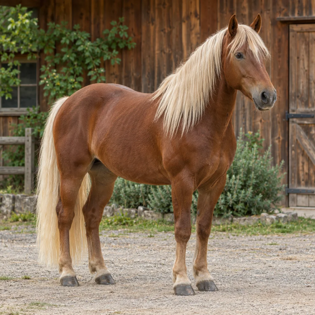 Cavallo sauro bruno con criniera e coda chiare davanti a una stalla di legno, con tutti e quattro gli zoccoli visibili.