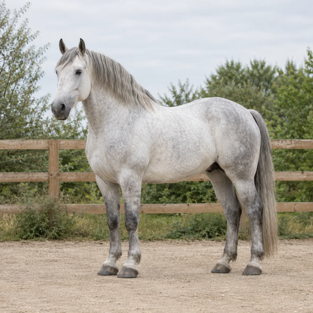 Grande cavallo grigio chiaro in piedi su un terreno sabbioso davanti a una recinzione in legno, con tutti e quattro gli zoccoli visibili.