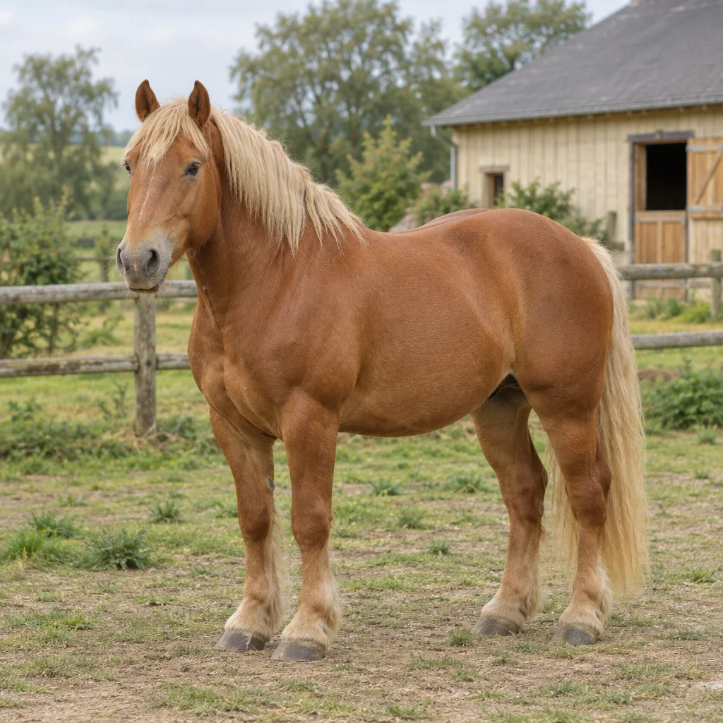 Cavallo da tiro baio con criniera e coda chiare in un pascolo recintato vicino a una stalla in legno.