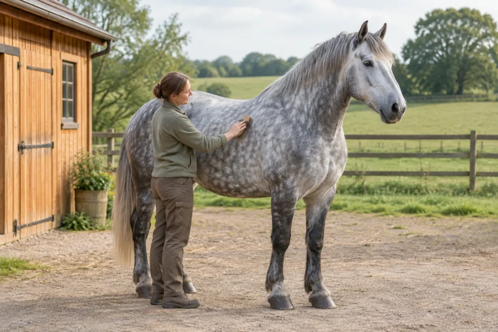 Una donna spazzola un grande cavallo da tiro grigio pezzato in un cortile accanto a una stalla in legno e a un pascolo recintato.
