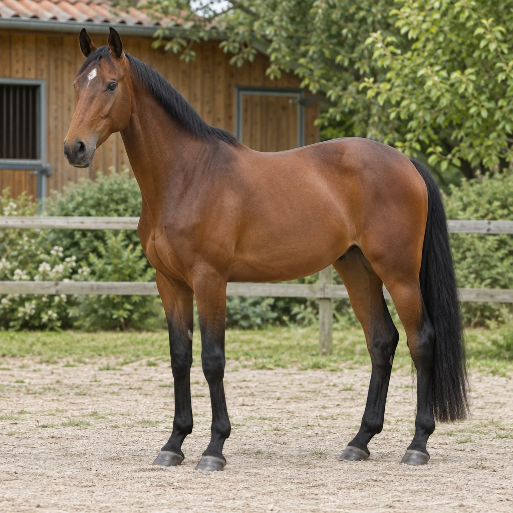 Cavallo baio con criniera, coda e parte inferiore delle zampe nere, fermo vicino a una scuderia in legno e a una recinzione, con tutti e quattro gli zoccoli visibili.