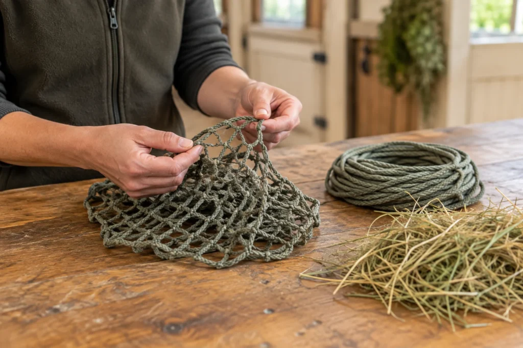 Delle mani tengono una rete verde sopra un tavolo di legno con un rotolo di corda e fieno sparso.