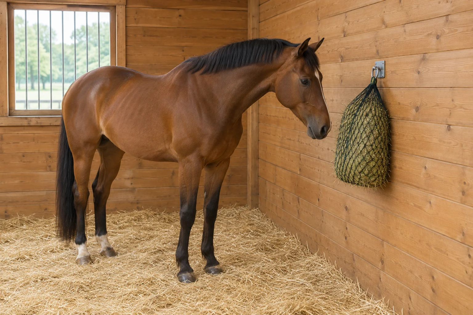 Cavallo marrone in un box accanto a una rete per il fieno fissata alla parete e contenente fieno.