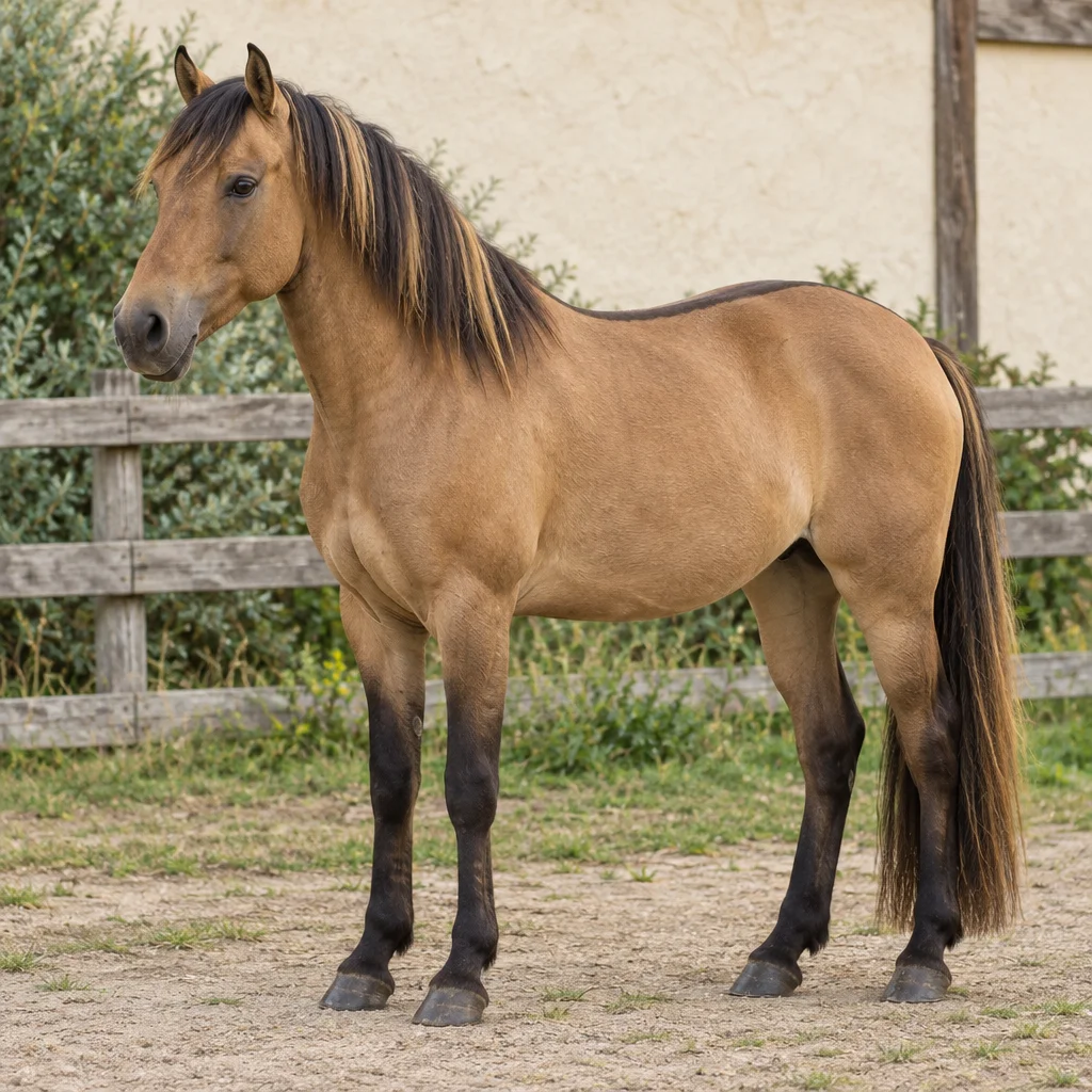 Illustrazione di un cavallo color sabbia e marrone con zampe scure, criniera nera e dorata e una striscia scura sul dorso, accanto a una staccionata di legno.