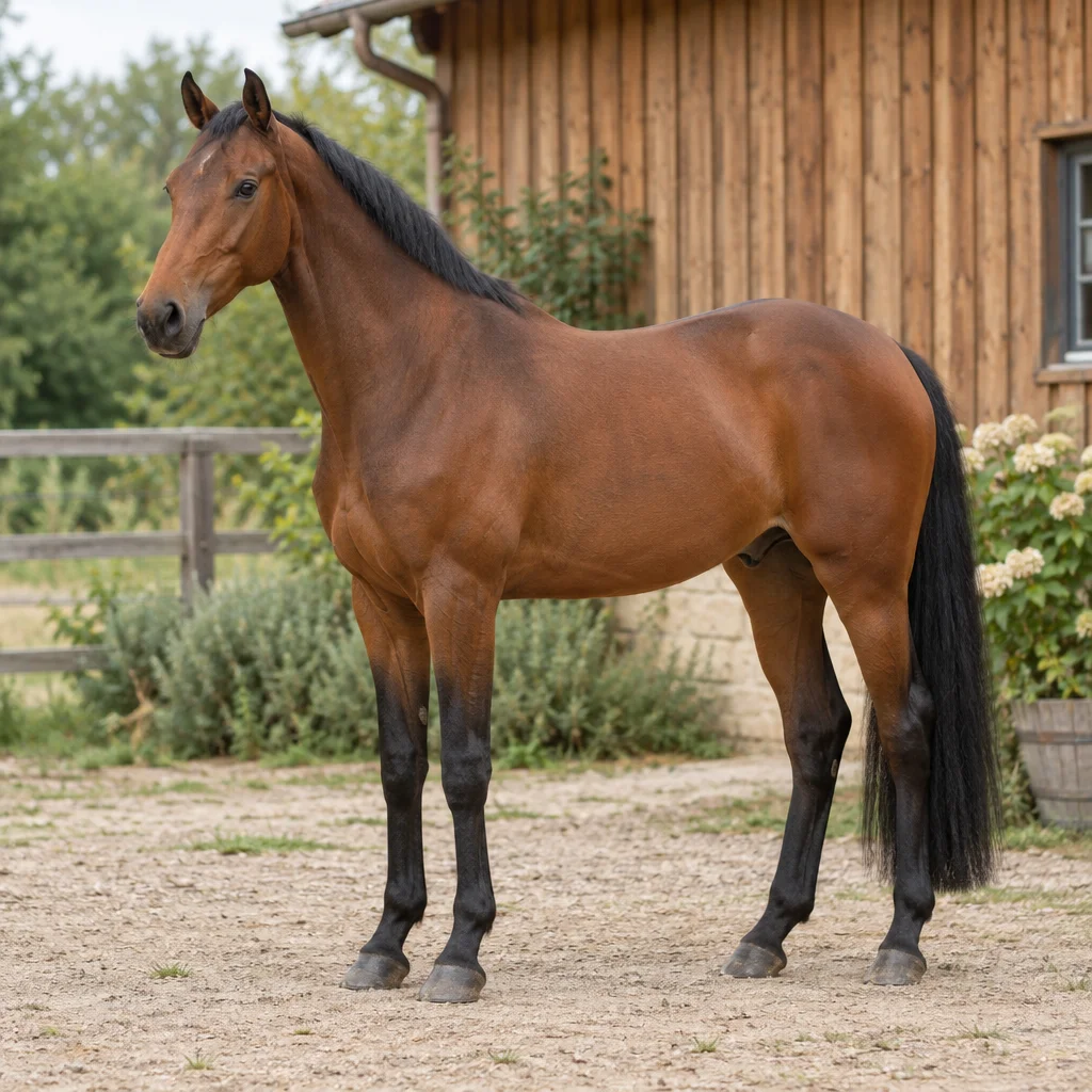 Cavallo baio con criniera, coda e parte inferiore degli arti nere, interamente visibile accanto a una scuderia in legno.